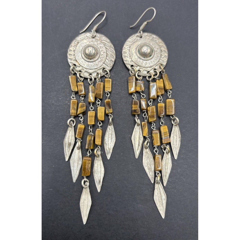 Vintage Sterling Silver Tigers Eye Dangle Earrings 16 Grams G14
